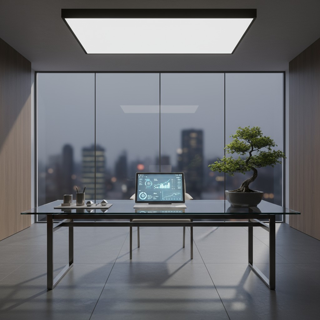A large office with a desk and computer looking out on a city view at dusk
