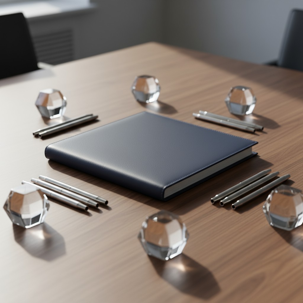 An off-white desk immersed in sunlight, featuring a black notebook and silver office supplies.